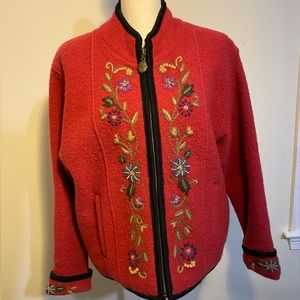 Icelandic Design 100% Wool Zip-up Embroidered Sweater Jacket Lined - Large